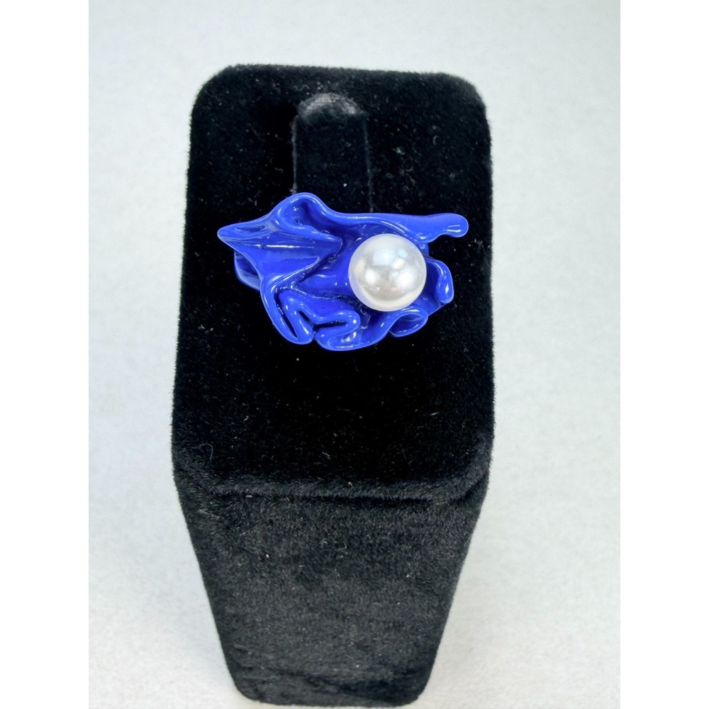 Modern Blue Enamel Frog Ring Faux Pearl Adjustable Statement Fashion Size 7